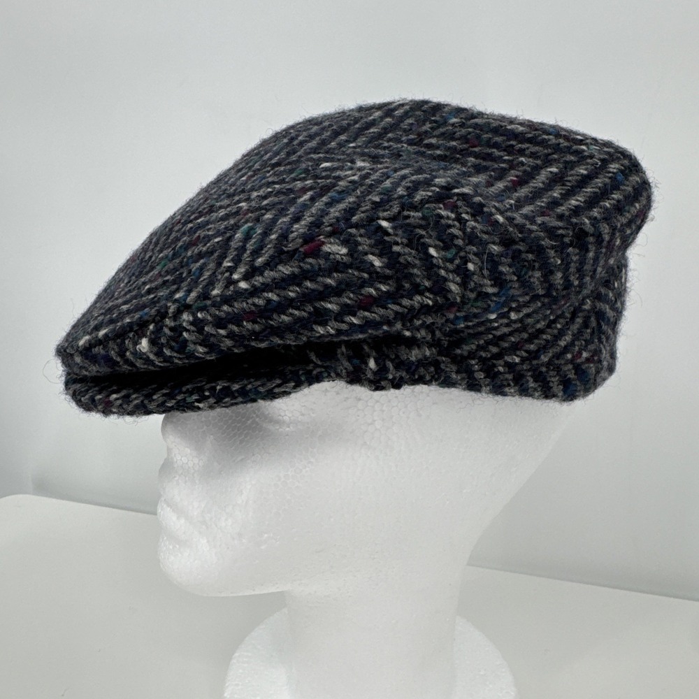 John Hanly Irish Wool Flat Cap 7 1/8 58 Mens‎ Grey Tweed Herringbone Blue Gray